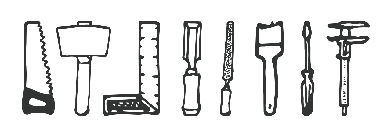 Handgetekende werktools op een rijtje - Handvaardig - combinatie 4